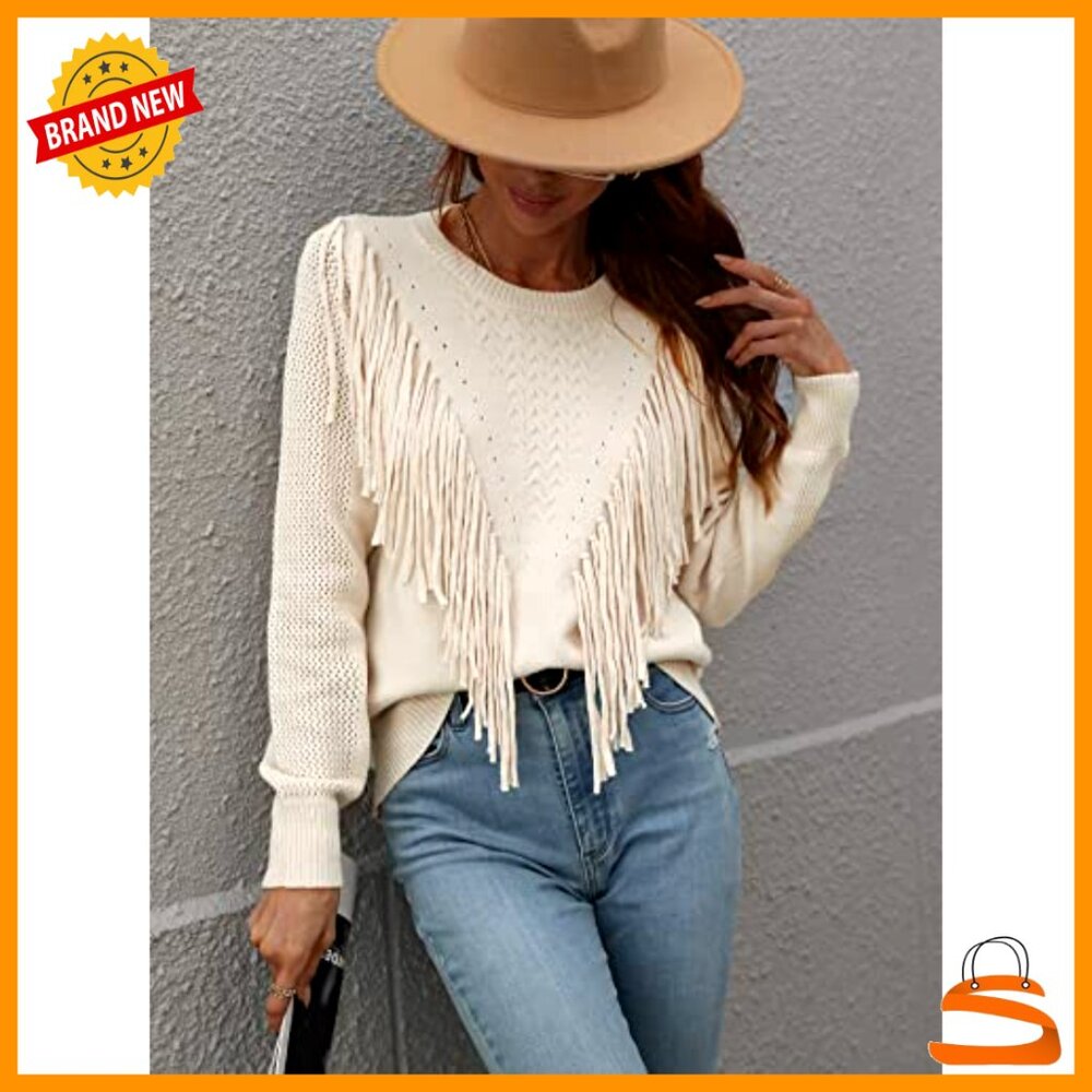 Loose Fit Crochet Fringe Sweater Pullover Long Sleeve Knit Top - Picture 3 of 5